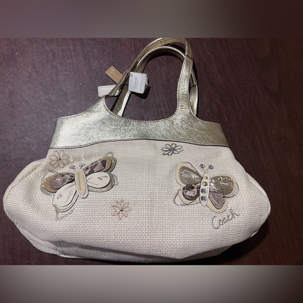 Rare NWT: Coach Vintage Cream and Gold Tote with Butterfly Accents